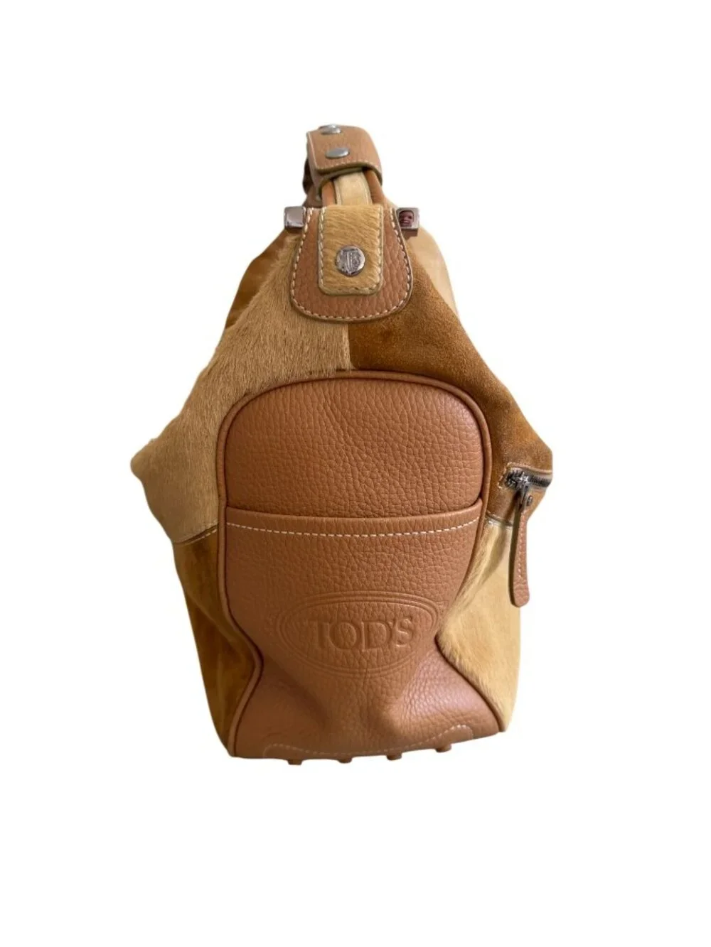 TODS Tan Suede Calf Hair Leather Top Shoulder Bag